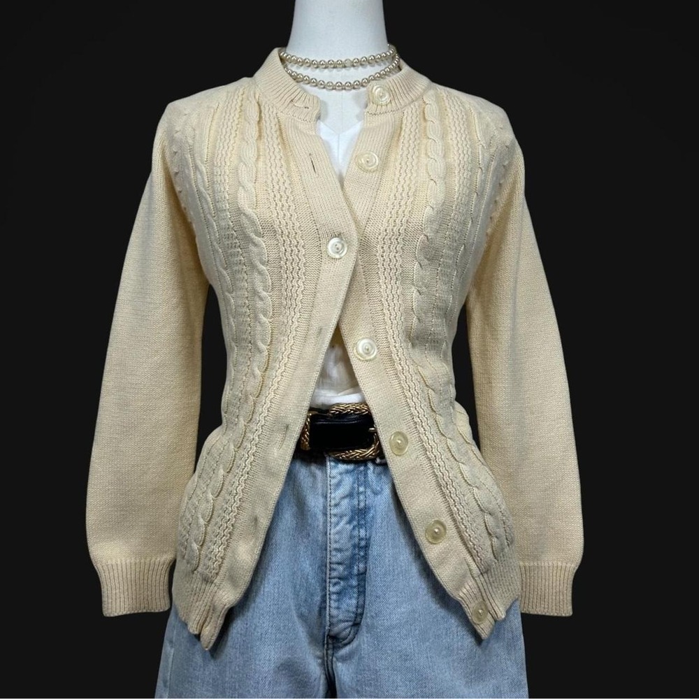Vintage 70s Cream Raglan Sleeve Cable Knit Cardigan Button Front Womens S/M